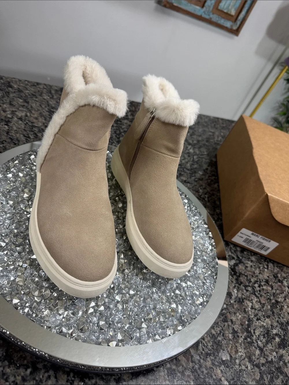 Marc Fisher Foggie Taupe Suede and faux fur Trim Ankle Boots NEW 7.5